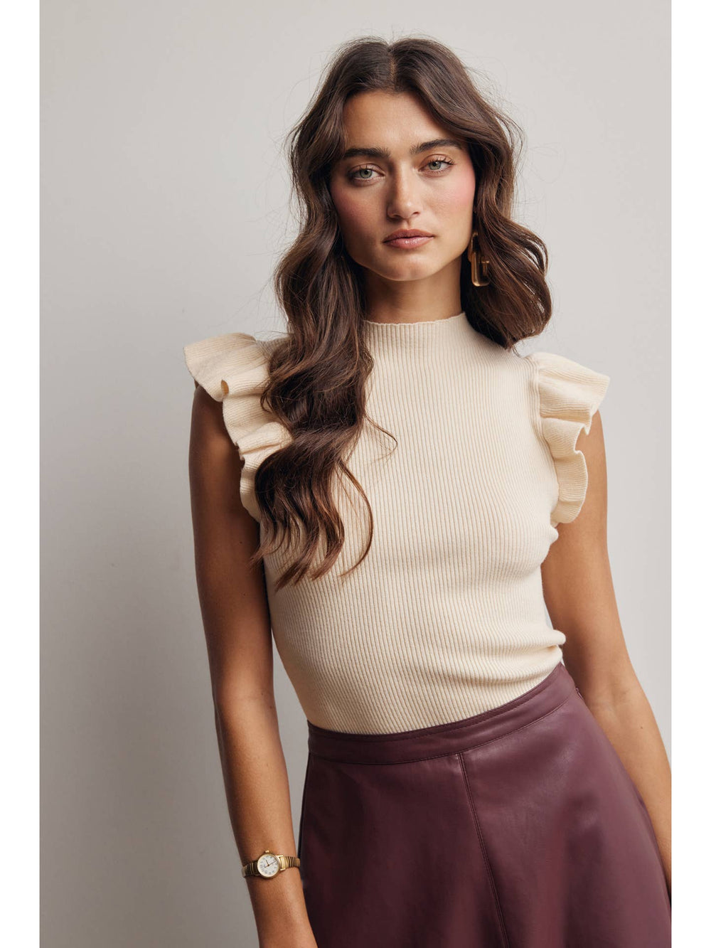 The Ruffle Hour Rib Knit Top — Cream & Burgundy — PREORDER
