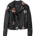 Black cropped faux leather jacket with floral embroidery and metal studs