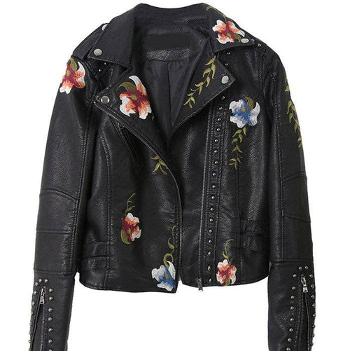 Black cropped faux leather jacket with floral embroidery and metal studs
