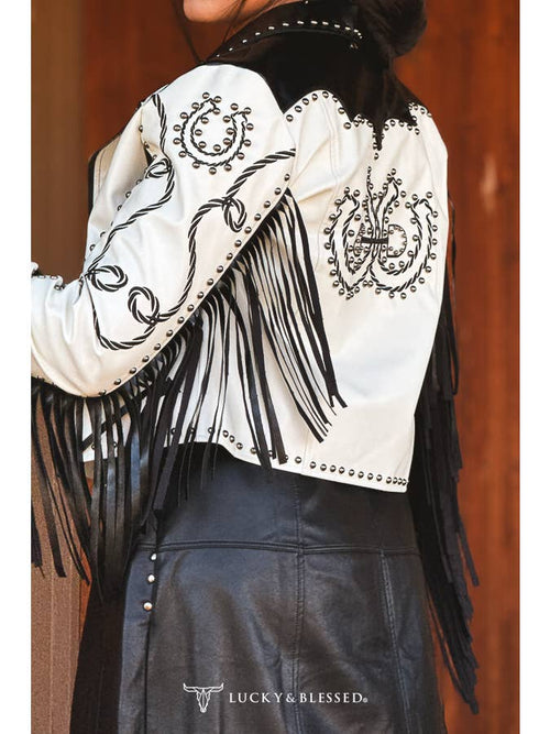 Embroidered sleeve and back detailing on the black and ivory fringe jacket