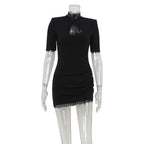 Black lace-trim keyhole mini dress, front view
