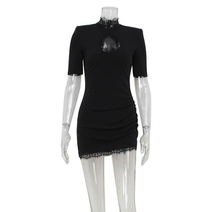 Black lace-trim keyhole mini dress, front view