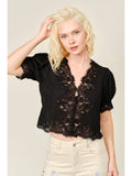 Black lace-trim puff-sleeve blouse, supplier front photo