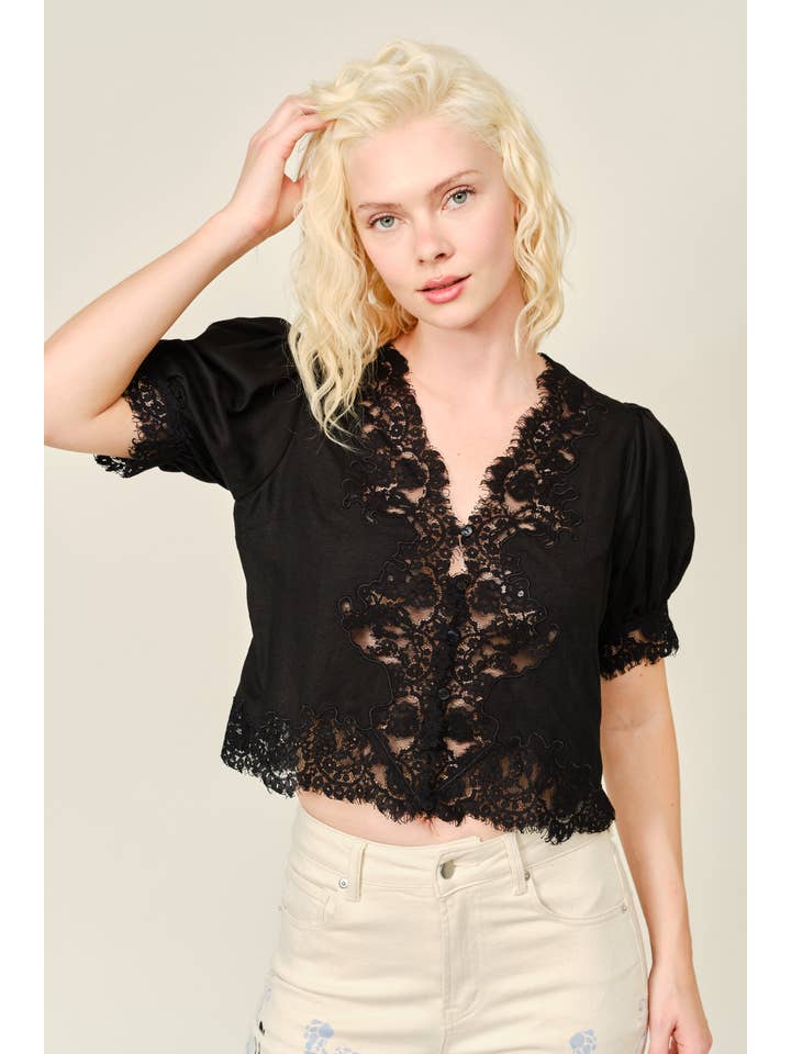 Black lace-trim puff-sleeve blouse, supplier front photo
