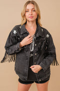 Black star-patch twill jacket with sequin fringe, supplier front photo