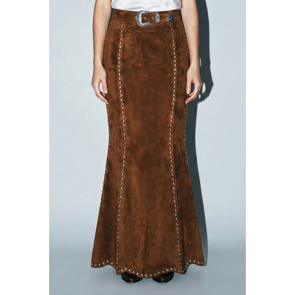 Brown maxi skirt front showing silver-tone studs and western buckle