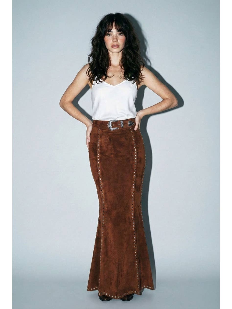 Front view of brown studded maxi skirt with western buckle and flared hem