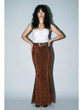 Front view of brown studded maxi skirt with western buckle and flared hem