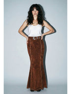 Front view of brown studded maxi skirt with western buckle and flared hem