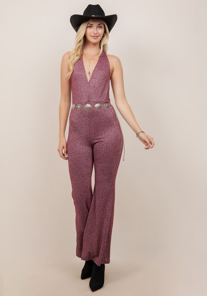 Burgundy metallic halter neck jumpsuit by Saints and Hearts; accessories shown for styling
