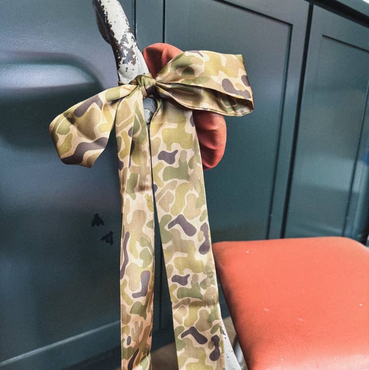 Camo Charm Gruene twilly scarf tied in a bow