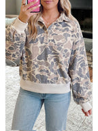 Front view of the camouflage collared pullover