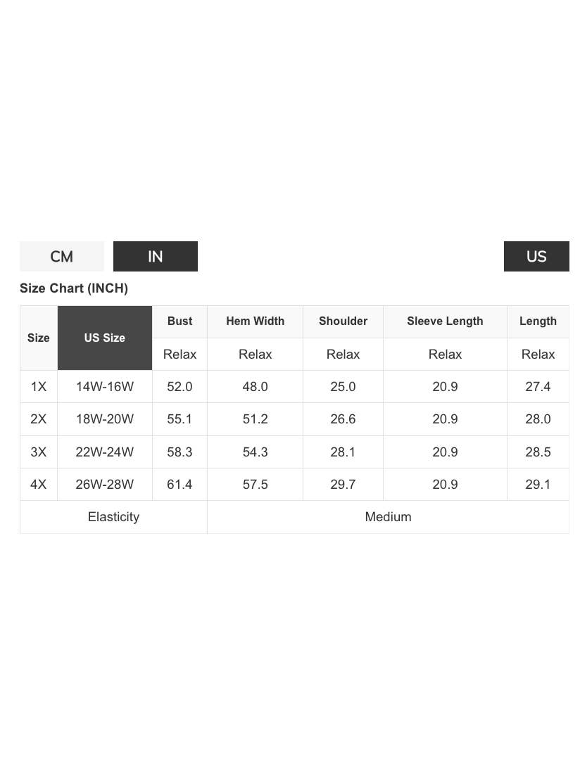 Camouflage pullover garment measurements in inches for 1X to 4X