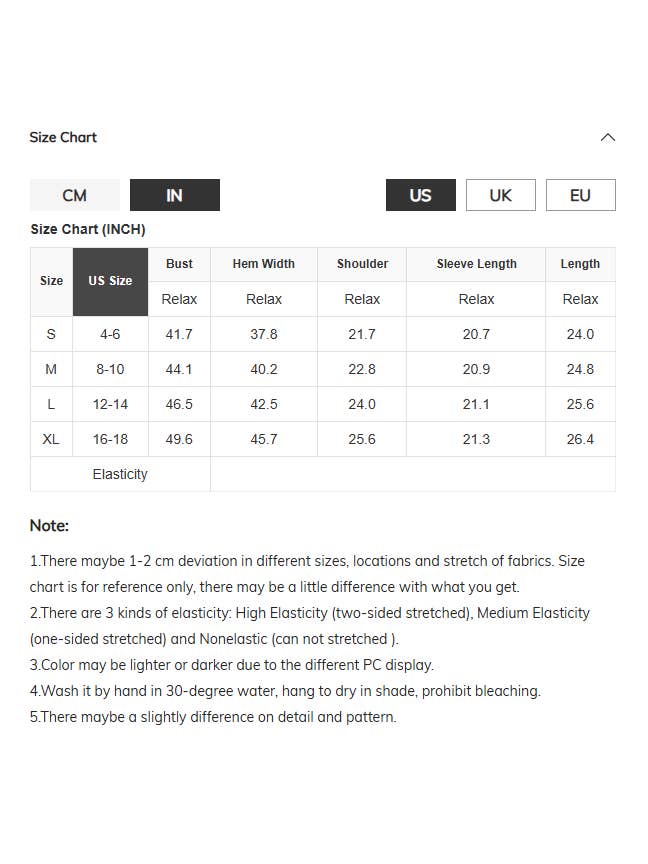 Camouflage pullover garment measurements in inches for S to XL