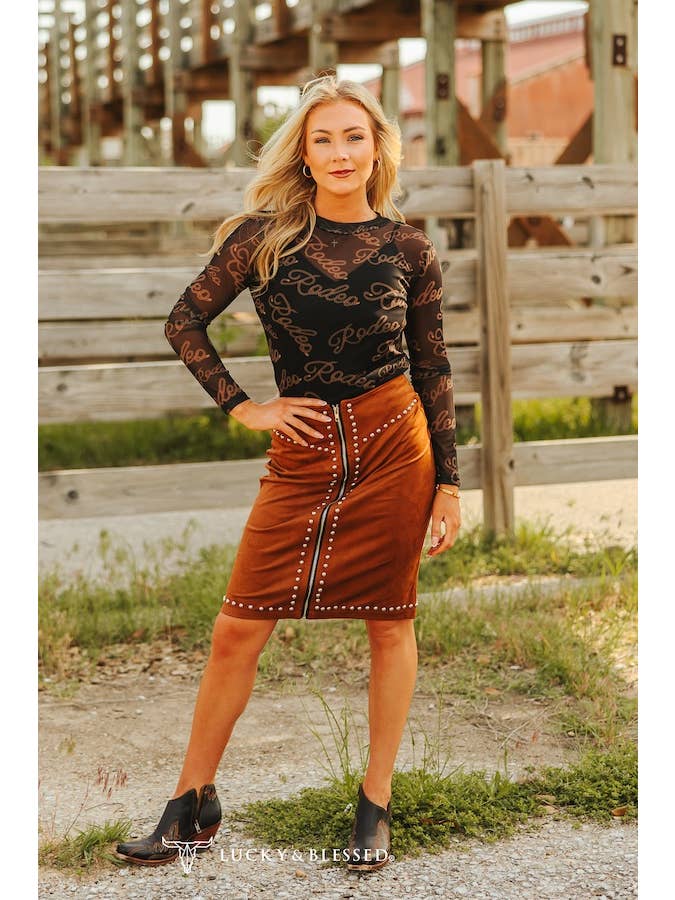 Additional supplier view of the camel Cassidy Studded Skirt