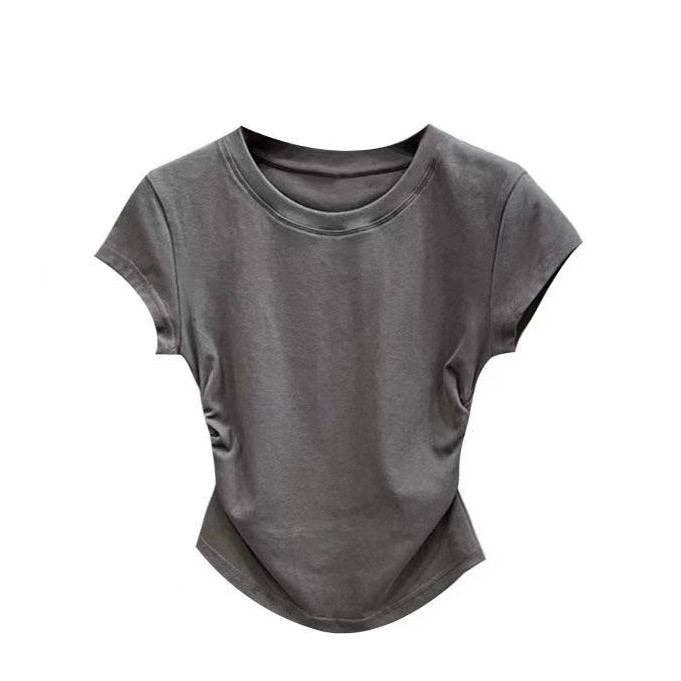dark gray cinched waist t-shirt, front view