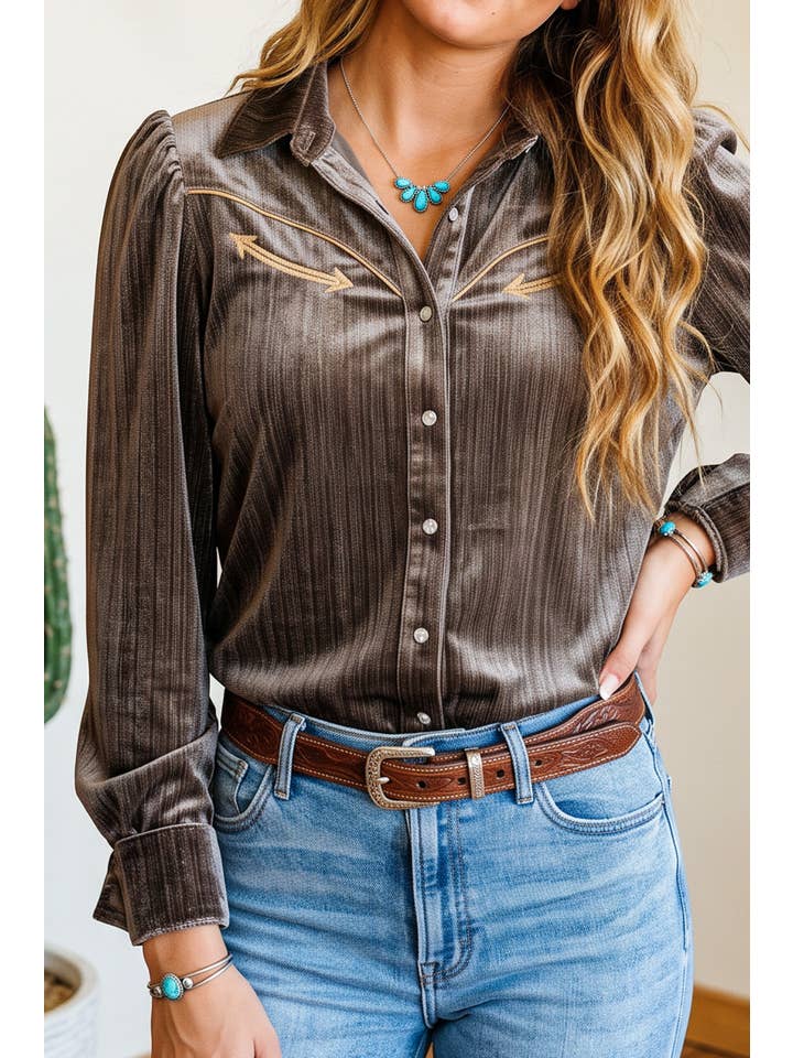 Coffee velvet Western embroidered puff-sleeve shirt