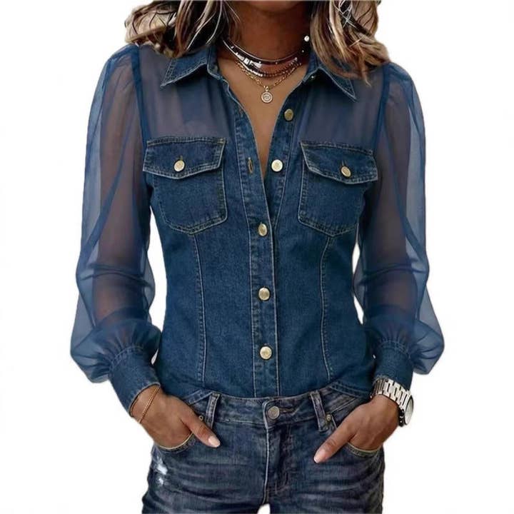 Dark blue denim-look body and sheer long sleeves