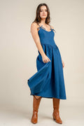 Chambray denim ballerina midi dress with bow-tie shoulder straps