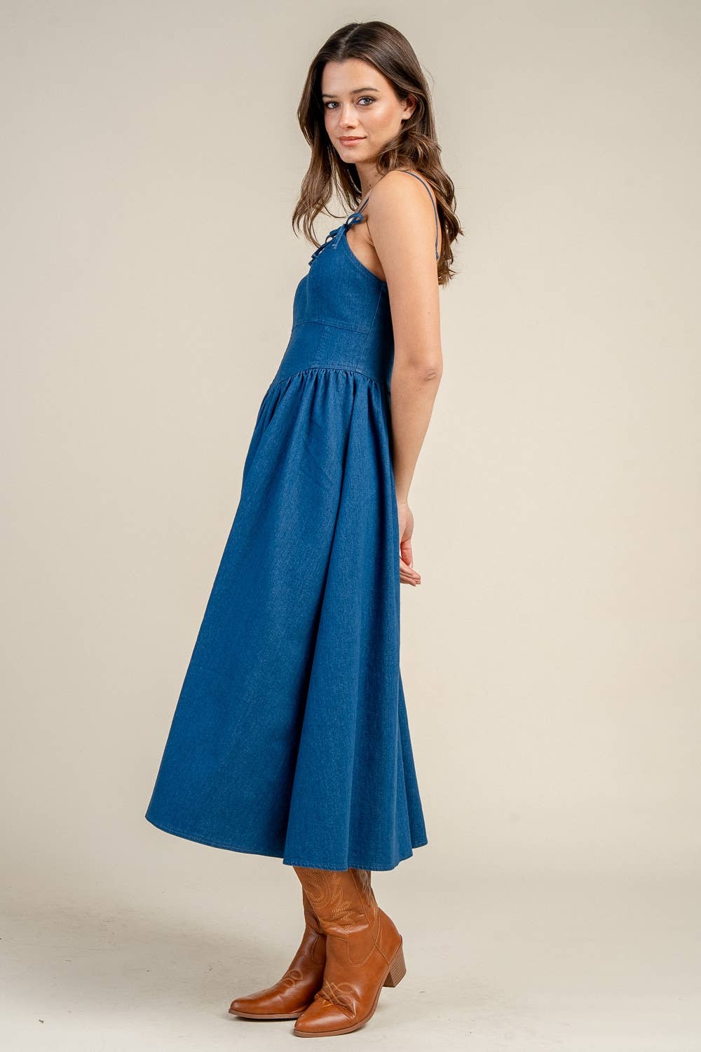 Chambray denim ballerina midi dress with bow-tie shoulder straps