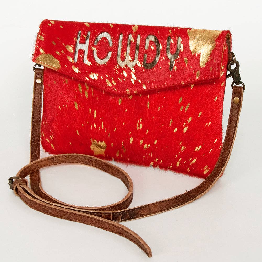 Ellie HOWDY red cowhide crossbody bag with metallic gold accents