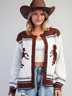 Supplier model wearing the Blue Mocha equestrian button-down cardigan, front view