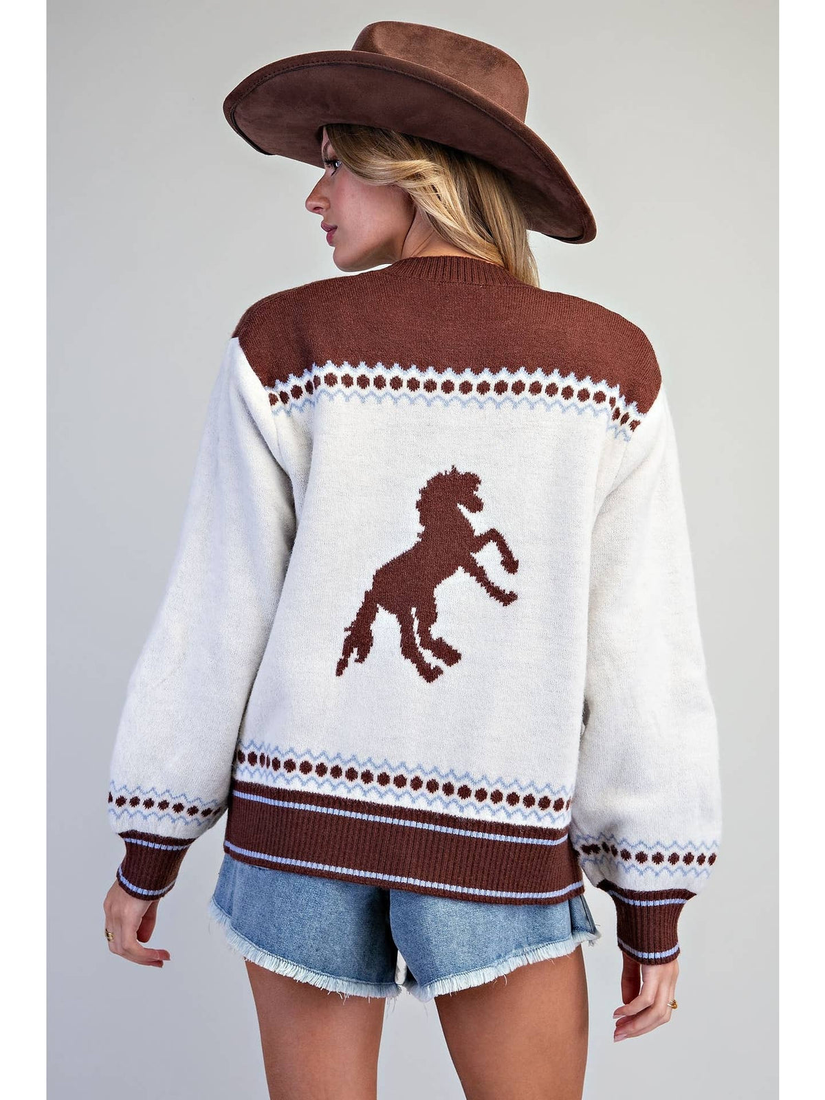 Back of the Blue Mocha equestrian cardigan showing the horse motif