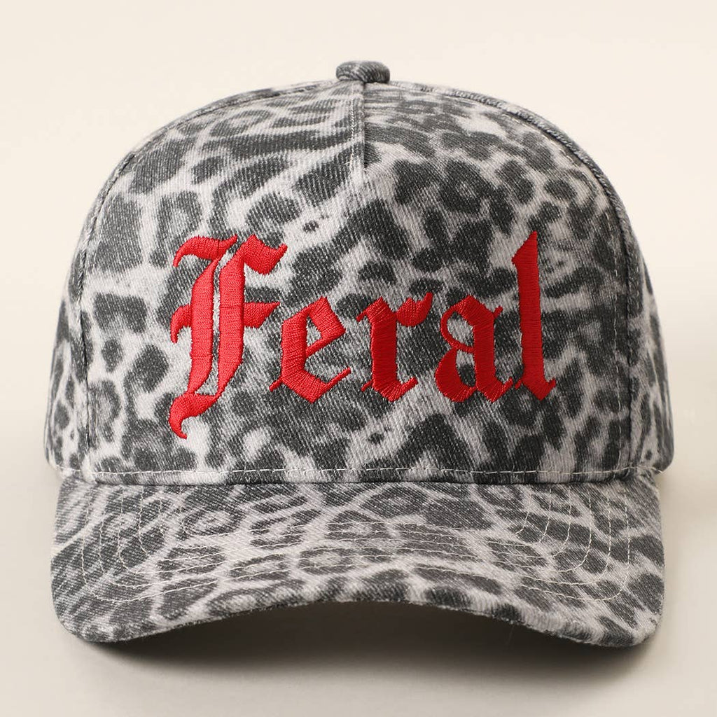 Grey leopard print trucker hat with red Feral embroidery, front view