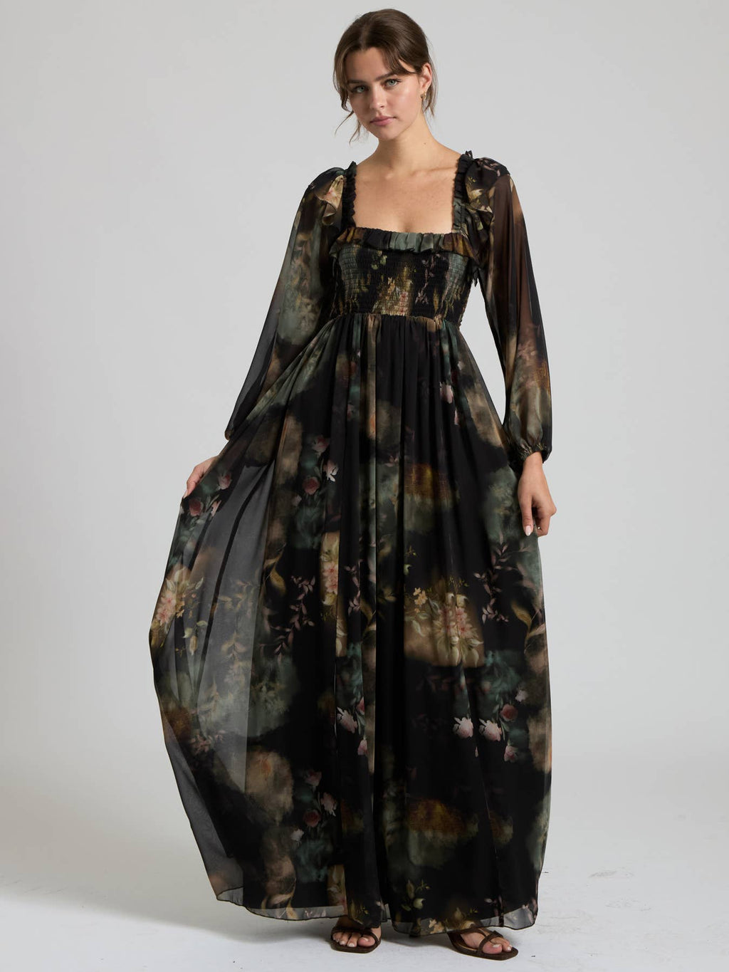 Black multi floral chiffon maxi dress with smocked bodice and sheer long sleeves