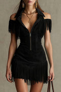 Fringe collar off-shoulder bodycon dress in Black, supplier front photo