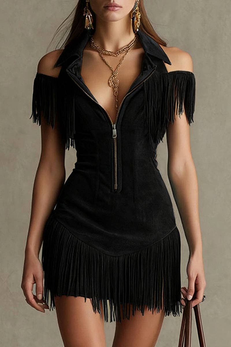 Fringe collar off-shoulder bodycon dress in Black, supplier front photo