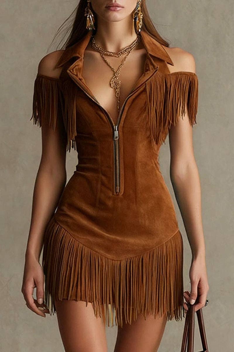 Fringe collar off-shoulder bodycon dress in Brown, supplier front photo