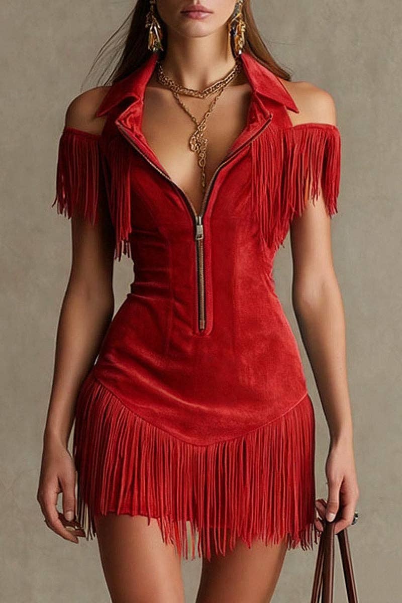 Fringe collar off-shoulder bodycon dress in Red, supplier front photo