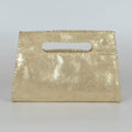 Golden Hour shimmering gold suede clutch with hand-stitched leather edges