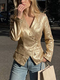 Gold metallic fitted V-neck blazer