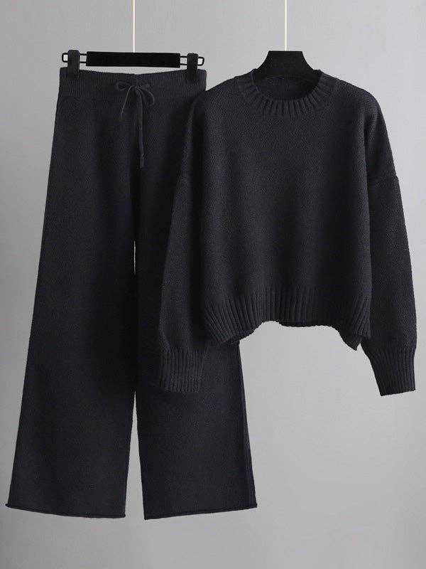 High-low sweater and wide-leg pants set in Black, supplier front photo