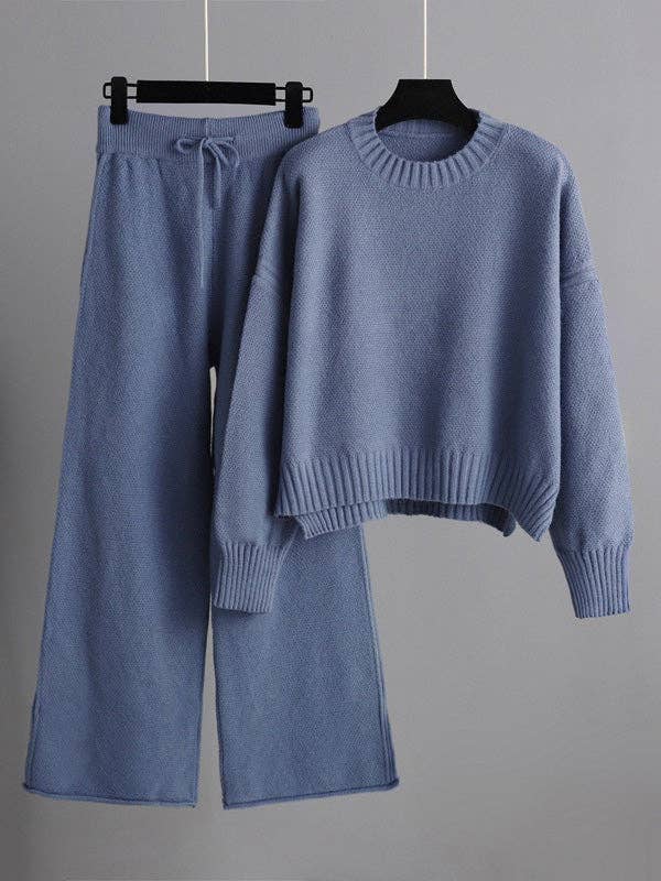 High-low sweater and wide-leg pants set in Blue, supplier front photo