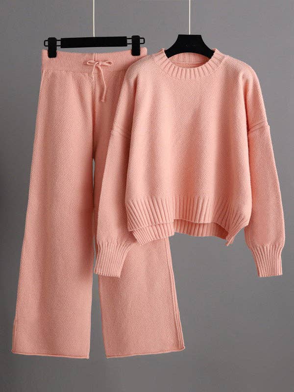 High-low sweater and wide-leg pants set in Pink, supplier front photo