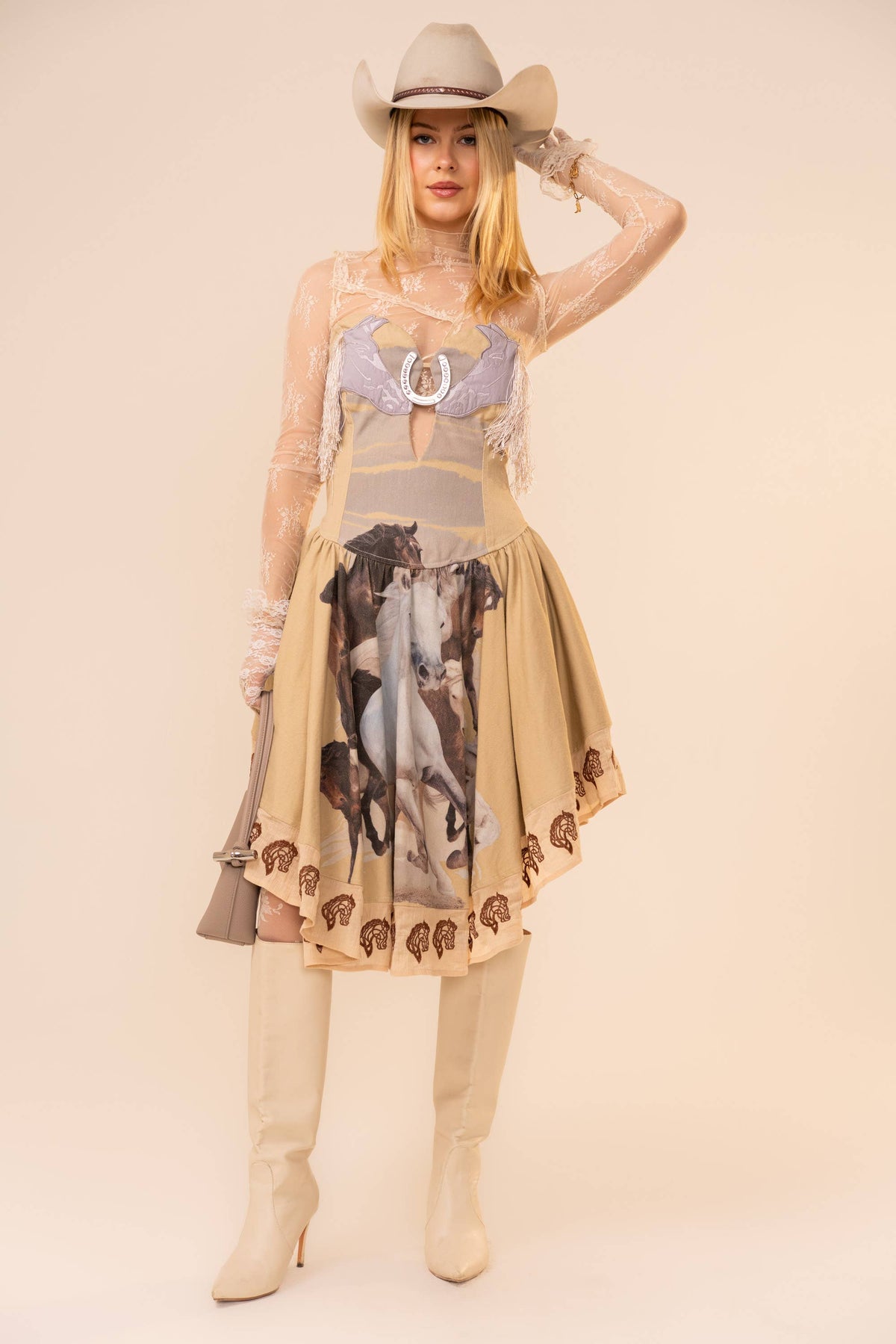 Horse patch fringe western dress in Sand, supplier front photo