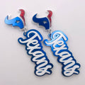 Houston Texans earrings with blue-and-white script drops