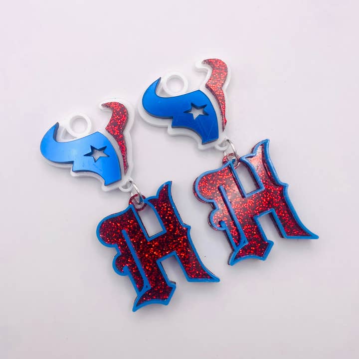 Houston Texans double-logo earrings with blue bull and red glitter H
