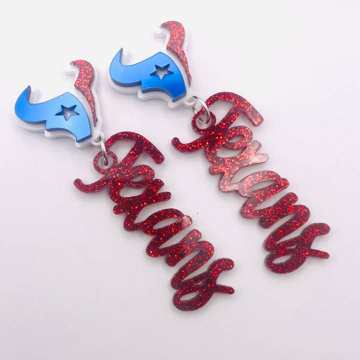 Houston Texans earrings with red glitter script drops