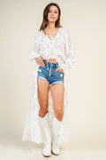 Ivory ruffled long-sleeve tie-front duster top
