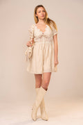 Ivory puff-sleeve lace mini dress with tie neckline, supplier front photo
