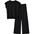 Black knit sleeveless top and wide-leg pants set, front view