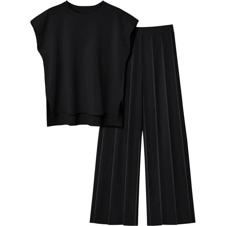 Black knit sleeveless top and wide-leg pants set, front view