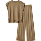 Khaki knit sleeveless top and wide-leg pants set, front view