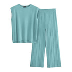 Lake Blue knit sleeveless top and wide-leg pants set, front view