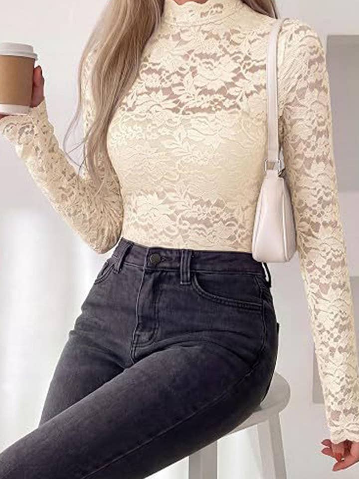Beige floral lace mock-neck blouse