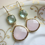 Pink opal glass drop earrings with green square accents and gold-plated settings
